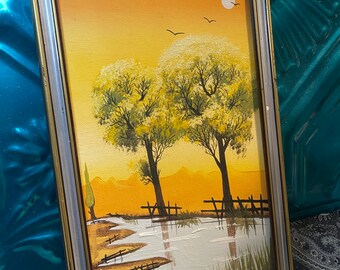 Vintage painting- sunset- river - trees- landscape in aged frame