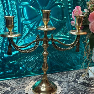 Vintage heavy rope and tassel brass 3 candle candelabra