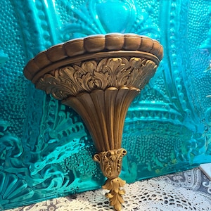 Vintage ornate plastic faux wood and gold colored wall planter - wall pocket