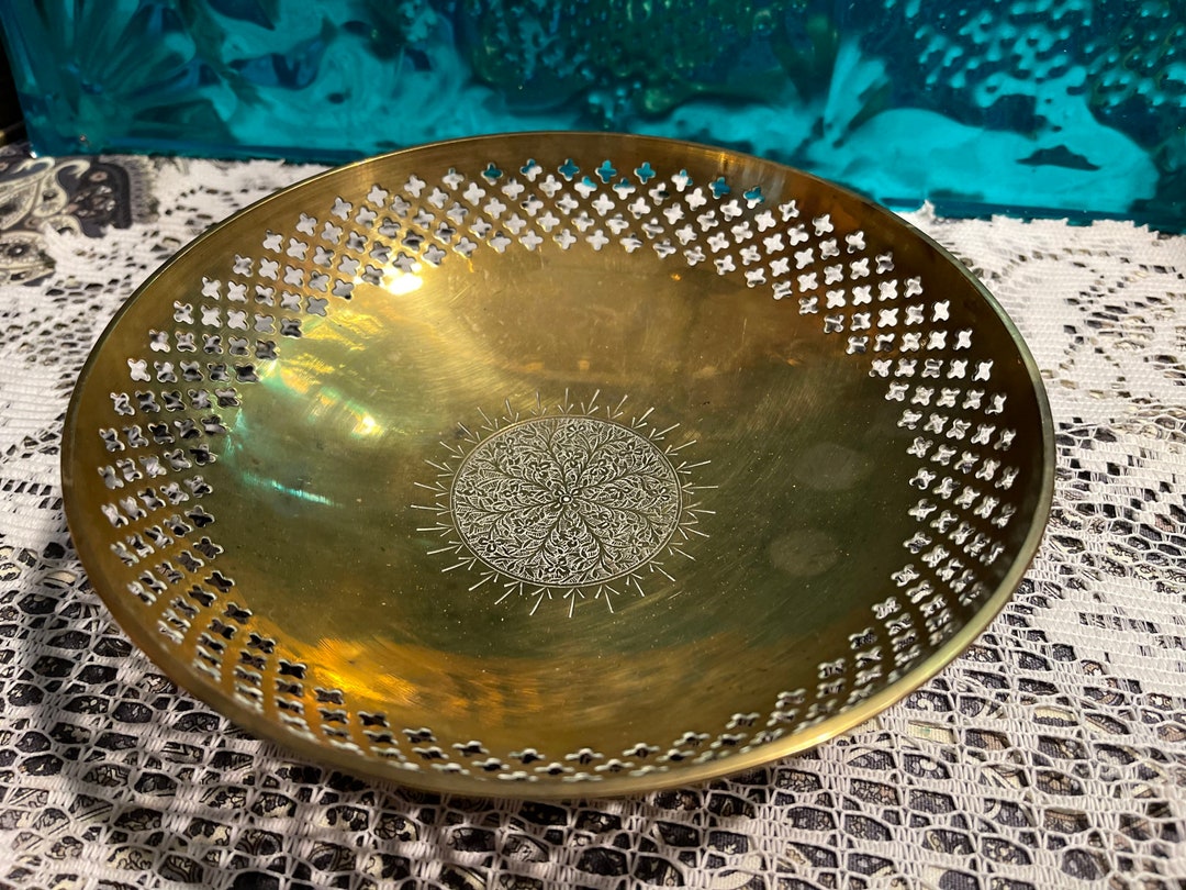 Vintage Etched Brass Bowl With Pierced Details Offering Bowl Small