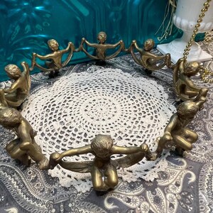 Vintage large heavy brass cherub circle planter stand- bowl stand- decor- centerpiece