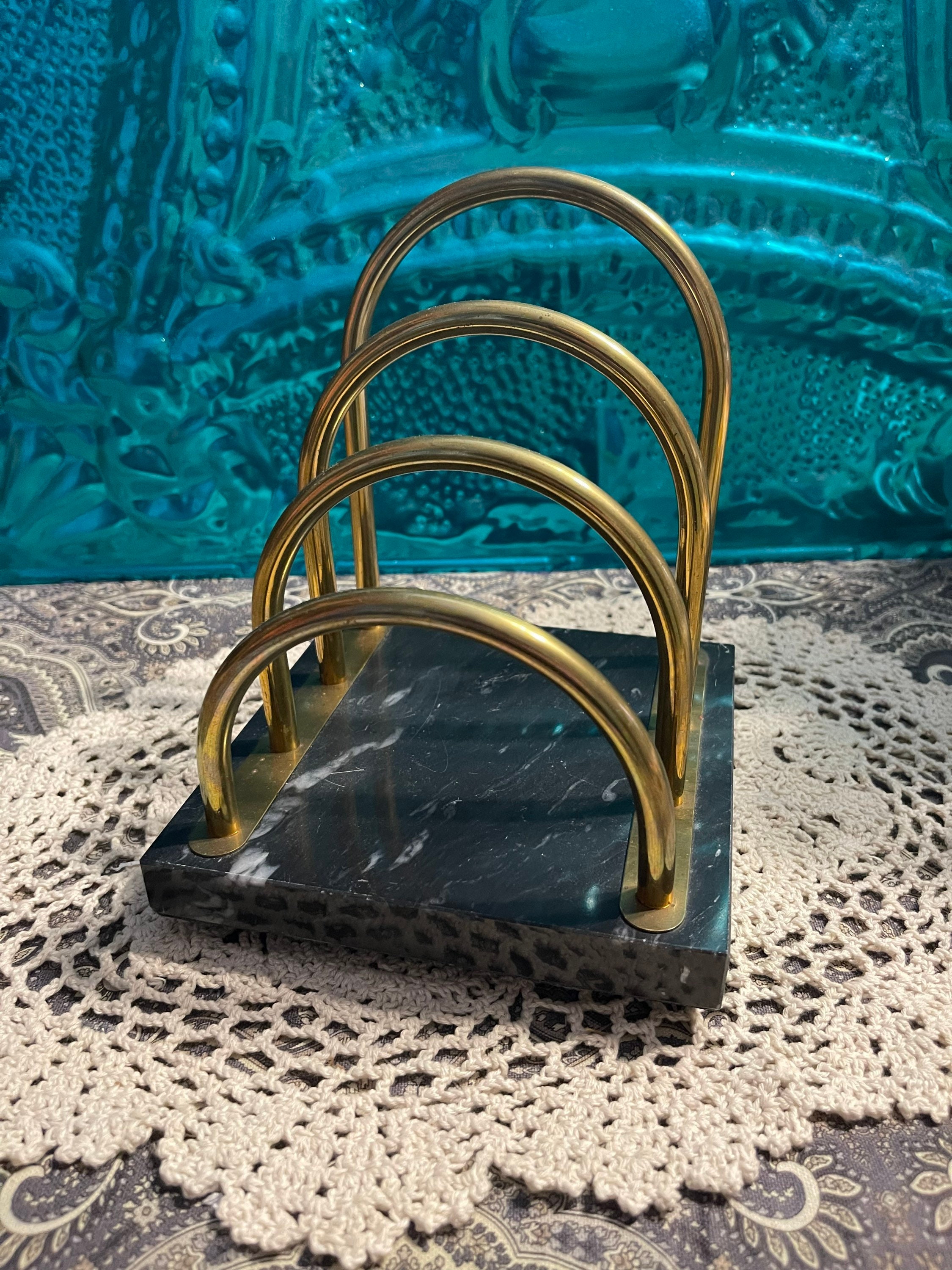 アンティーク金属製レターホルダー Vintage Heavy Brass and Marble - Stone Letter Holder or Mail