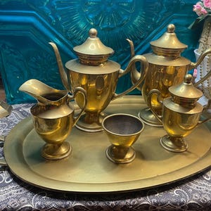 Vintage heavy brass coffee and tea set on large tray with ornate handles - 6 pieces - aged