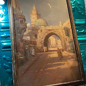 Antique wood framed lithograph of scene in Israel  - showing age and wear