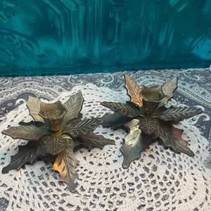 Vintage brass candlestick holder Holly leaf set of 2- aged