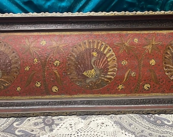 Vintage long 28.5 inches with handles enameled or painted brass peacock tray- aged