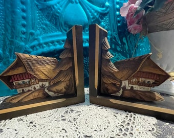 Vintage wood carved cottage- tree - bookends