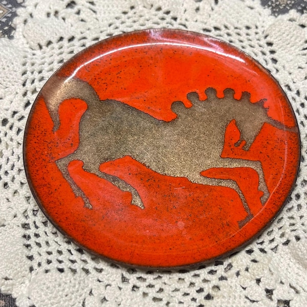 Vintage small- 4 inch diameter enameled metal plate with unicorn- aged