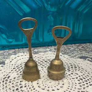 Vintage etched brass bell bottle opener set of 2 - not identical