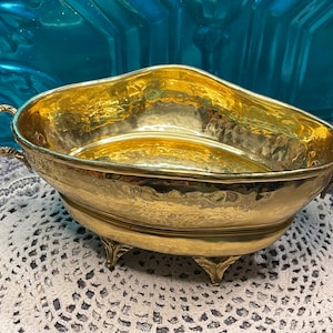 Vintage hammered ornate footed brass bowl - centerpiece- planter with handles