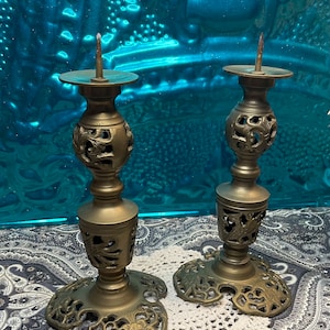 Vintage ornate filigree brass candle holders - ornate - dragon details- set of 2