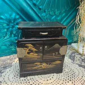 vintage small lacquered Japanese jewelry chest with metal hardware - aged