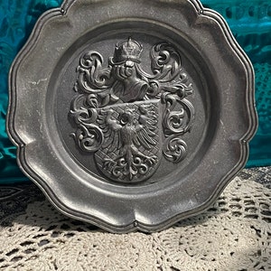 Vintage pewter or pewter tone metal wall plate - shield - crown