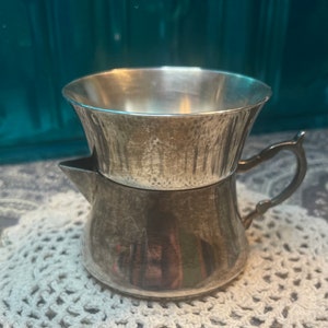 Vintage silver plated or silver tone creamer with removable bowl - sugar bowl stored on top
