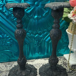 Antique or vintage heavy over 5 lbs each cast iron candle holders - aged