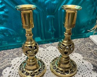 Vintage ornate brass candle holders - set of 2