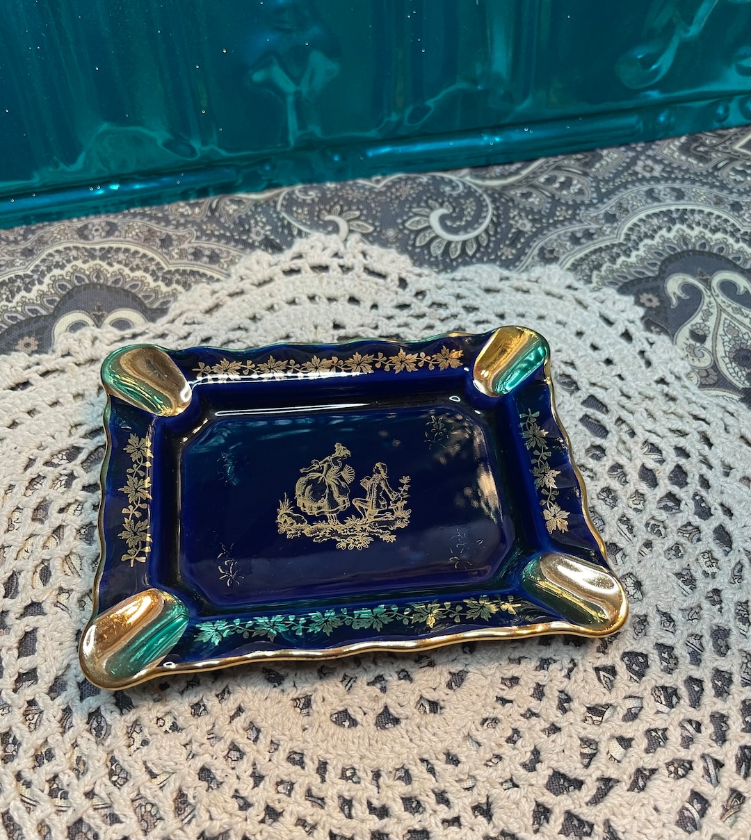 セーブル Sevres 1789年 ブルーライン金彩花絵 スクエアディッシュ Vintage Small Rectangle Porcelain Ashtray-made in France - Gilded