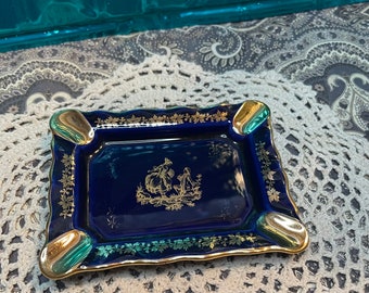 Vintage small rectangle porcelain ashtray-made in France - gilded- light fading to some gilding