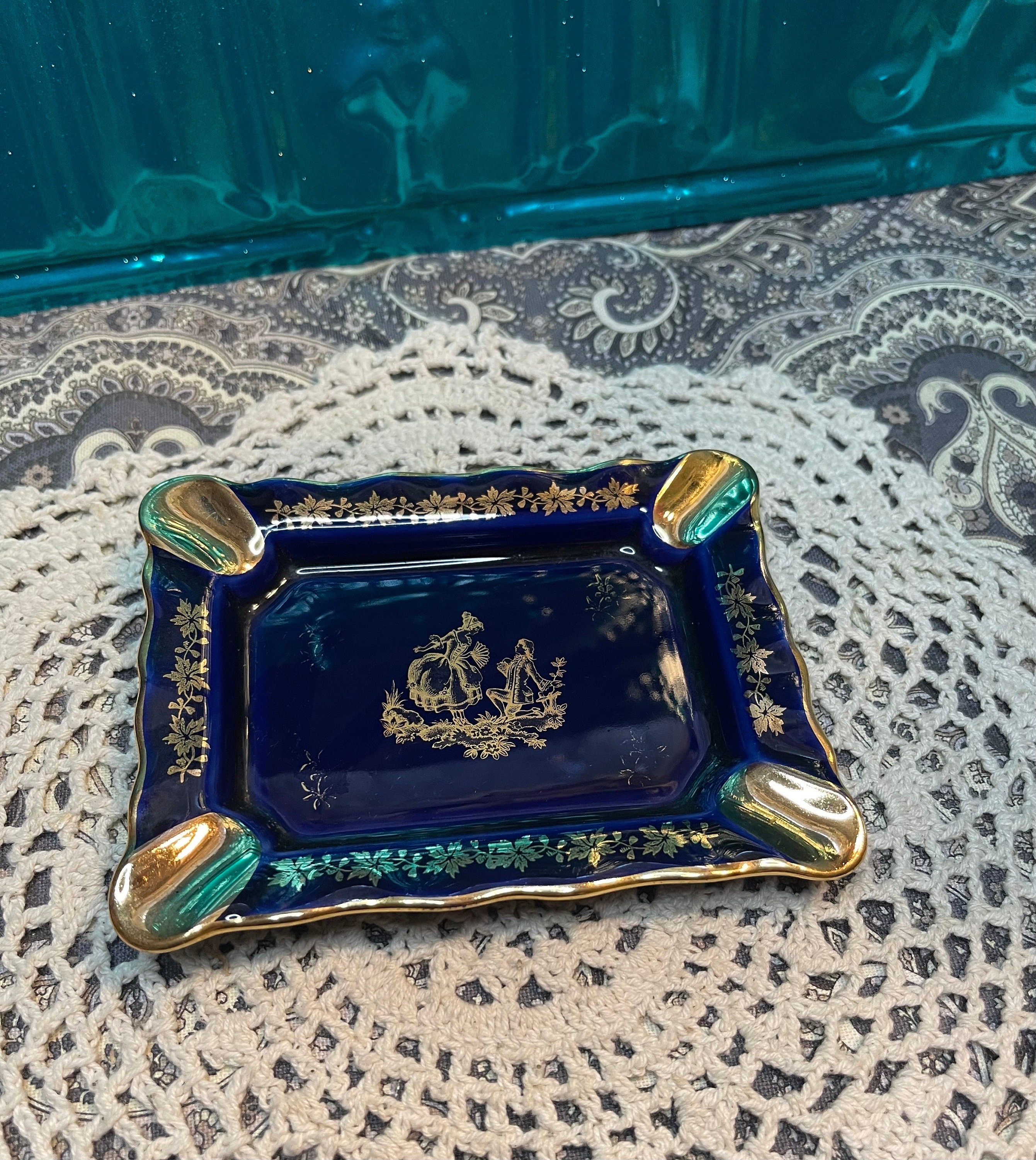 Vintage Small Rectangle Porcelain Ashtray-made in France - Gilded