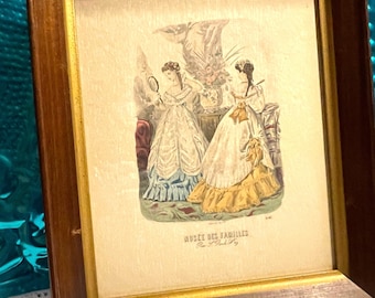 Antique - Vintage framed fashion print Victorian ladies - showing it’s age