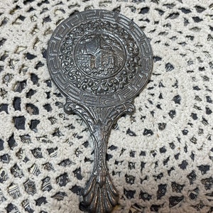 Vintage mini purse mirror- hand mirror pewter or silver tone metal- clearly showing it’s age