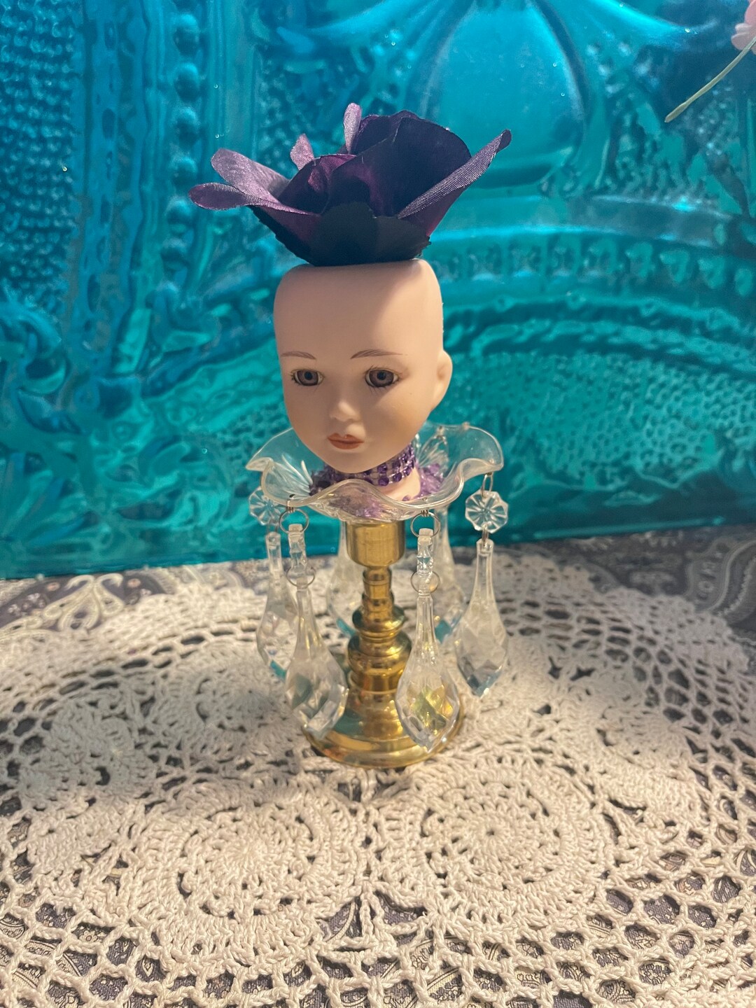 Doll Head Art Ceramic Doll Head on Aged Brass Candlestick With Plastic