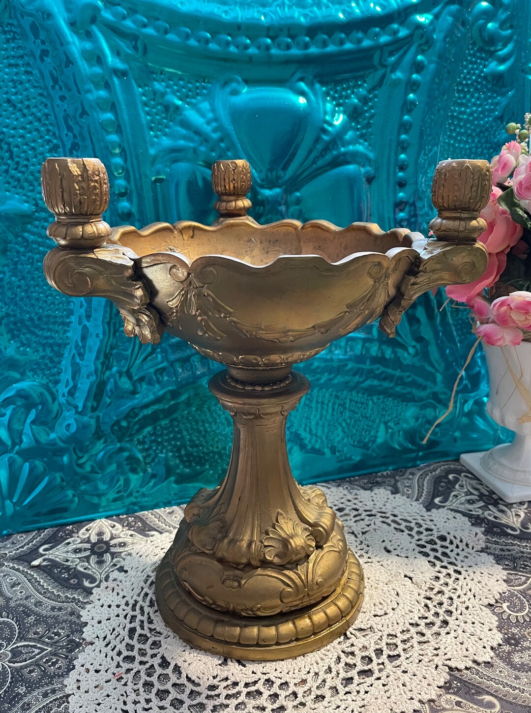 Vintage Ornate Gold Plastic Candelabra Flower Bowl Etsy