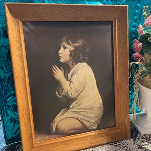 Vintage Print of little girl - praying in wood frame - no glass