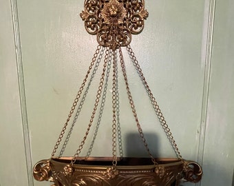 Vintage large ornate gold plastic wall planter Victorian style- with medallion- chains and floral details