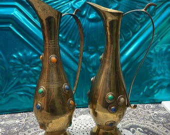 Vintage set of 2 brass pitcher vases with stone details - 11 inches tall- not identical- aged