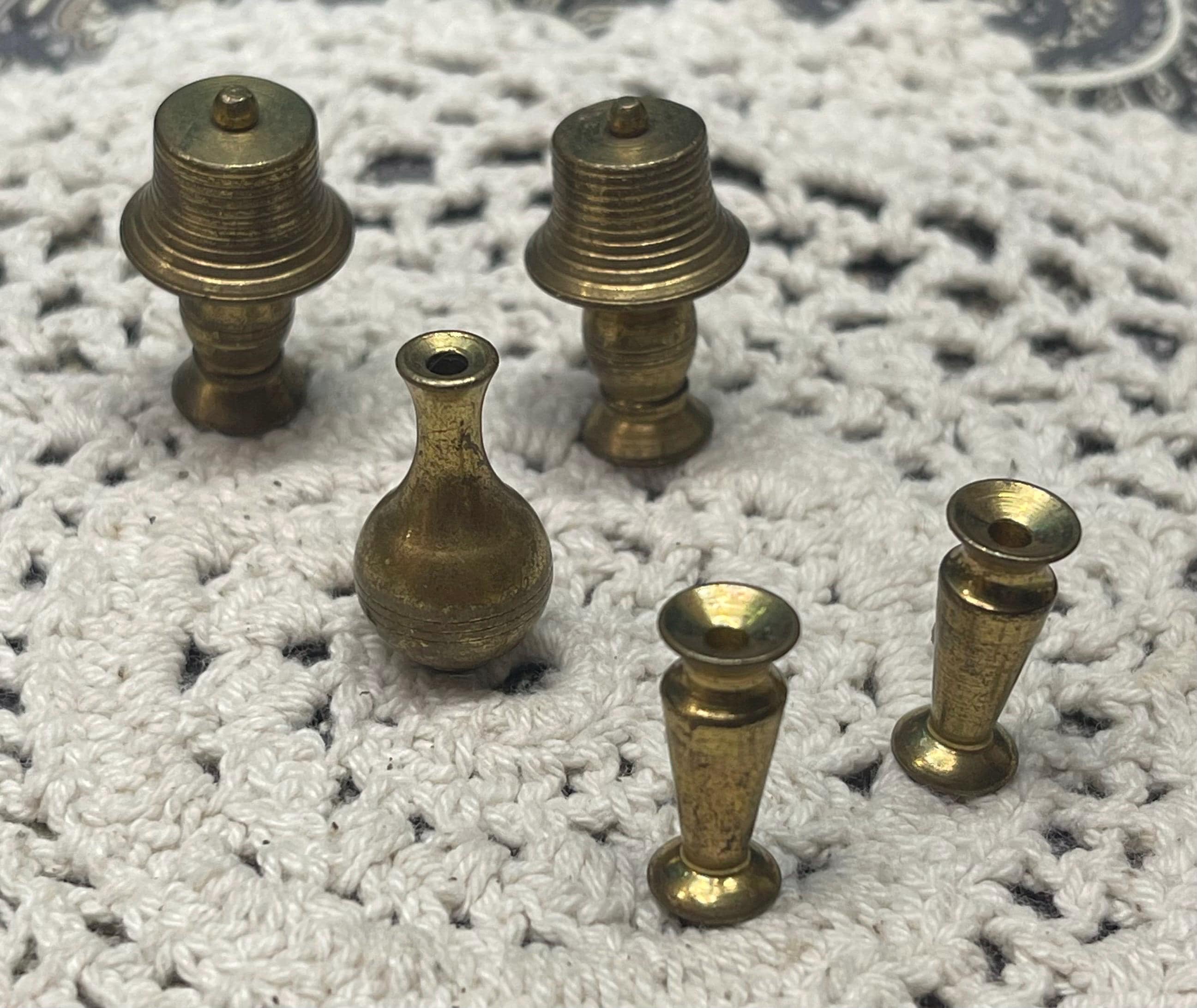 Vintage miniature brass lamps - vase- candle holders -dollhouse - set of 5- not identical