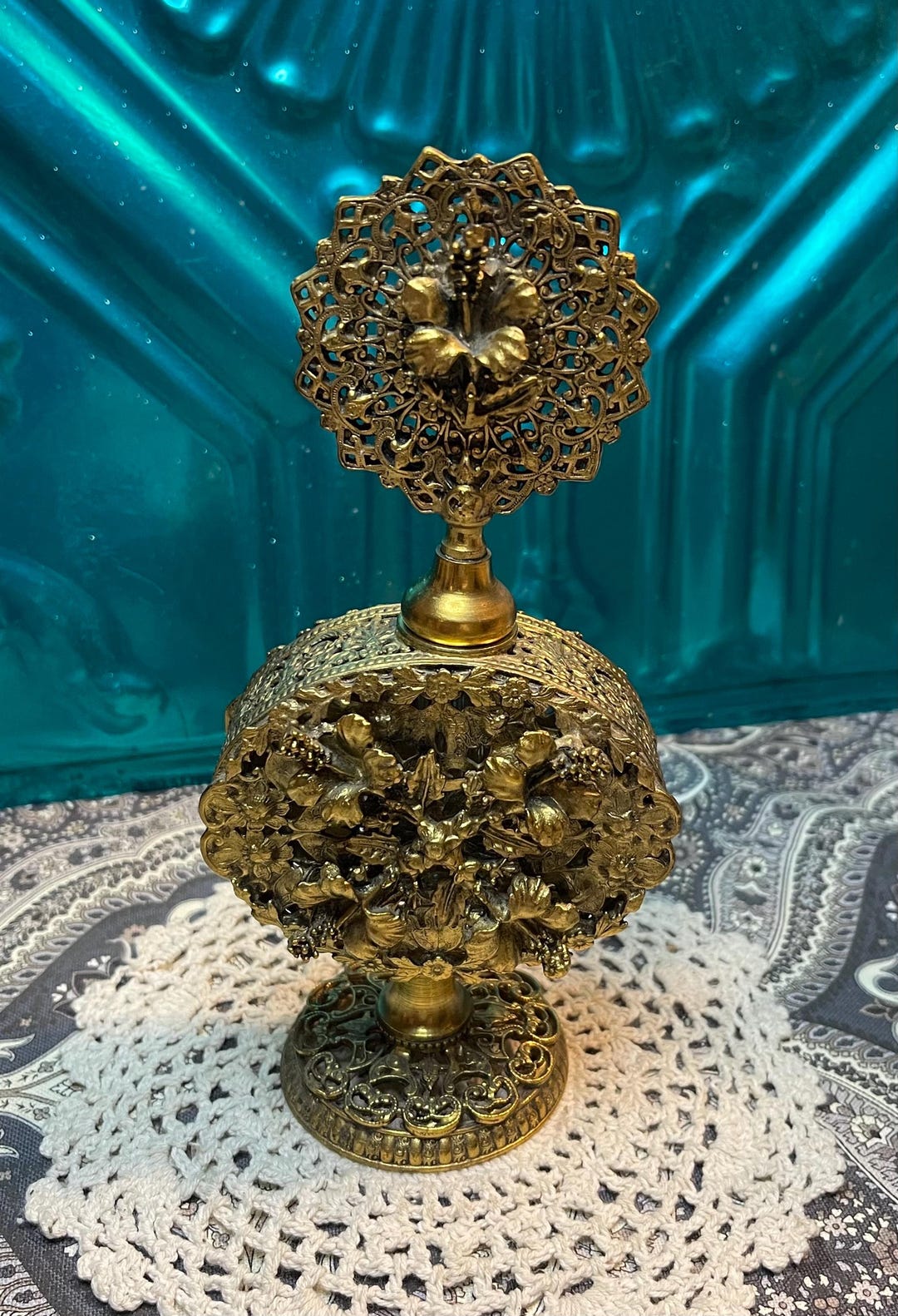 Vintage Ornate Filigree Ormolu Perfume Bottle - Floral Details