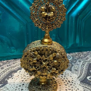 Vintage Ornate Filigree Ormolu Perfume Bottle - Floral Details