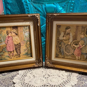 Vintage ornate wood framed tapestry style pictures no glass originally - set of 2