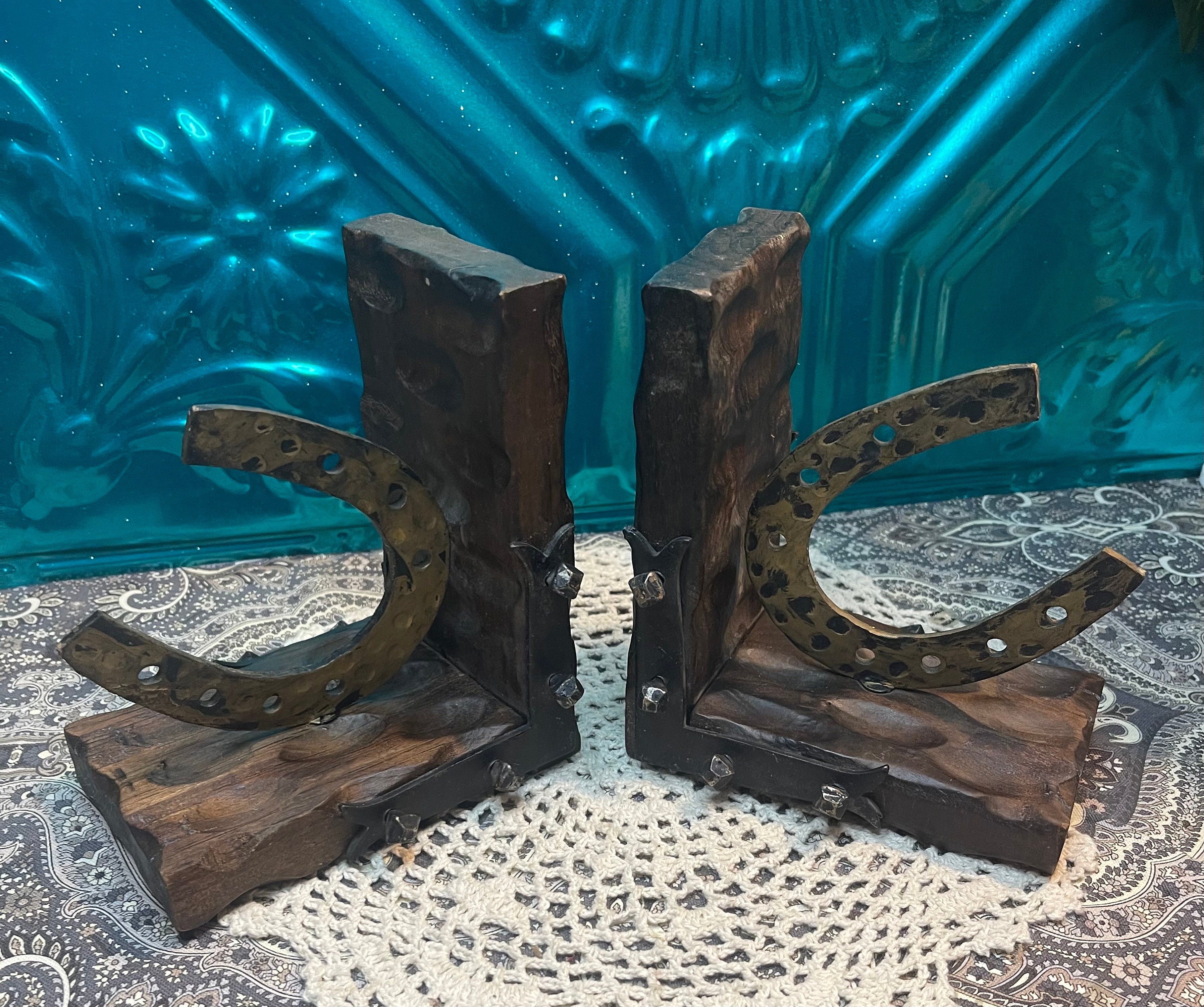 Vintage Wood and Metal Horseshoe Bookends - Etsy