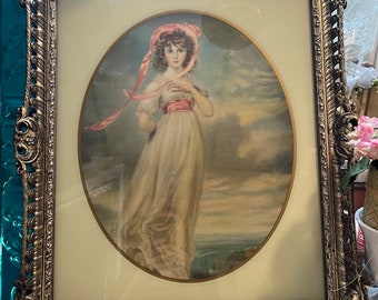 Vintage large heavy ornate gilded molded plastic framed Pinkie picture under glass- aged