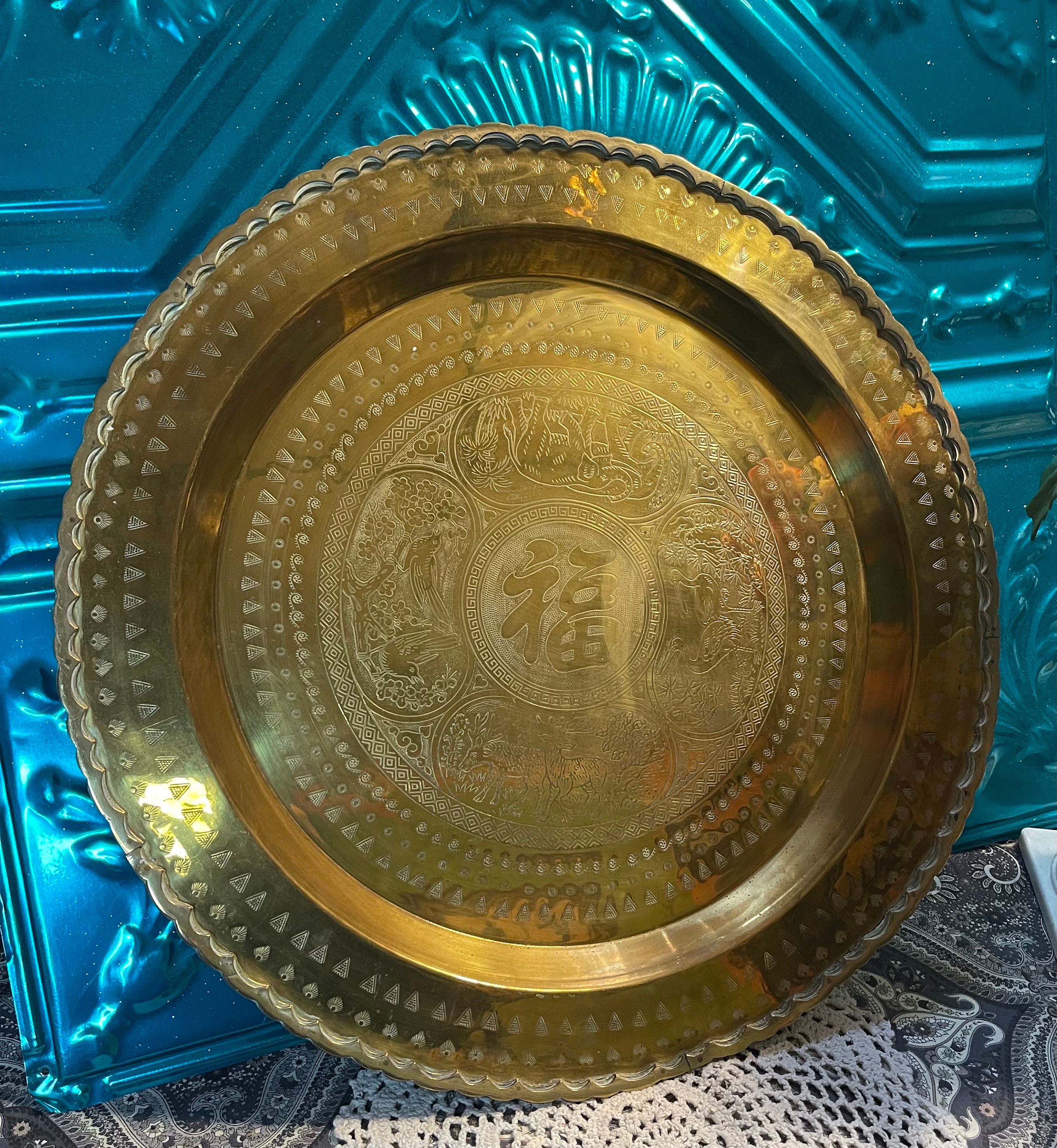 Vintage Large 18 Inch Diameter Etched Brass Tray With Wall Hanger