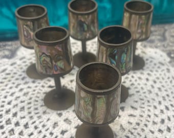 Vintage brass mini chalice- goblets with shell inlay- altar decor- set of 6 - aged- bending on bottom rim
