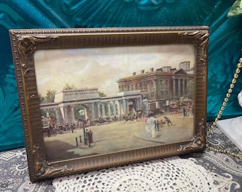 Antique ornate wood framed print of London street scene in England- clearly aged damaged frame