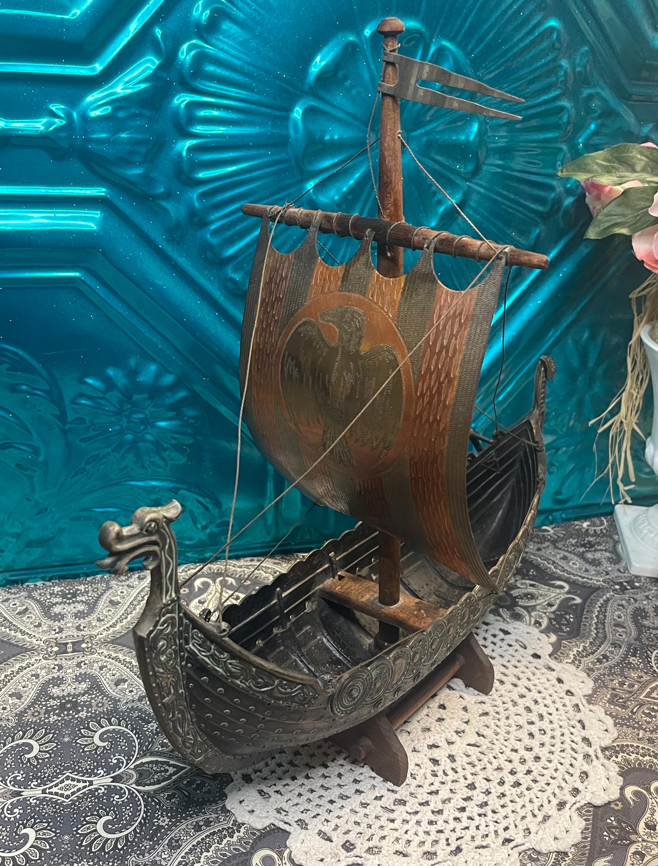 Vintage Large Bronze - Wood Danish Dragon- Viking Ship With Copper