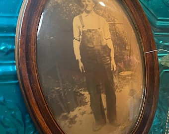 Antique large convex - bubble glass wood frame with farmer photo- showing it’s age
