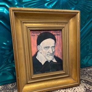 Vintage Saint Vincent de Paul print in aged gilded wood frame