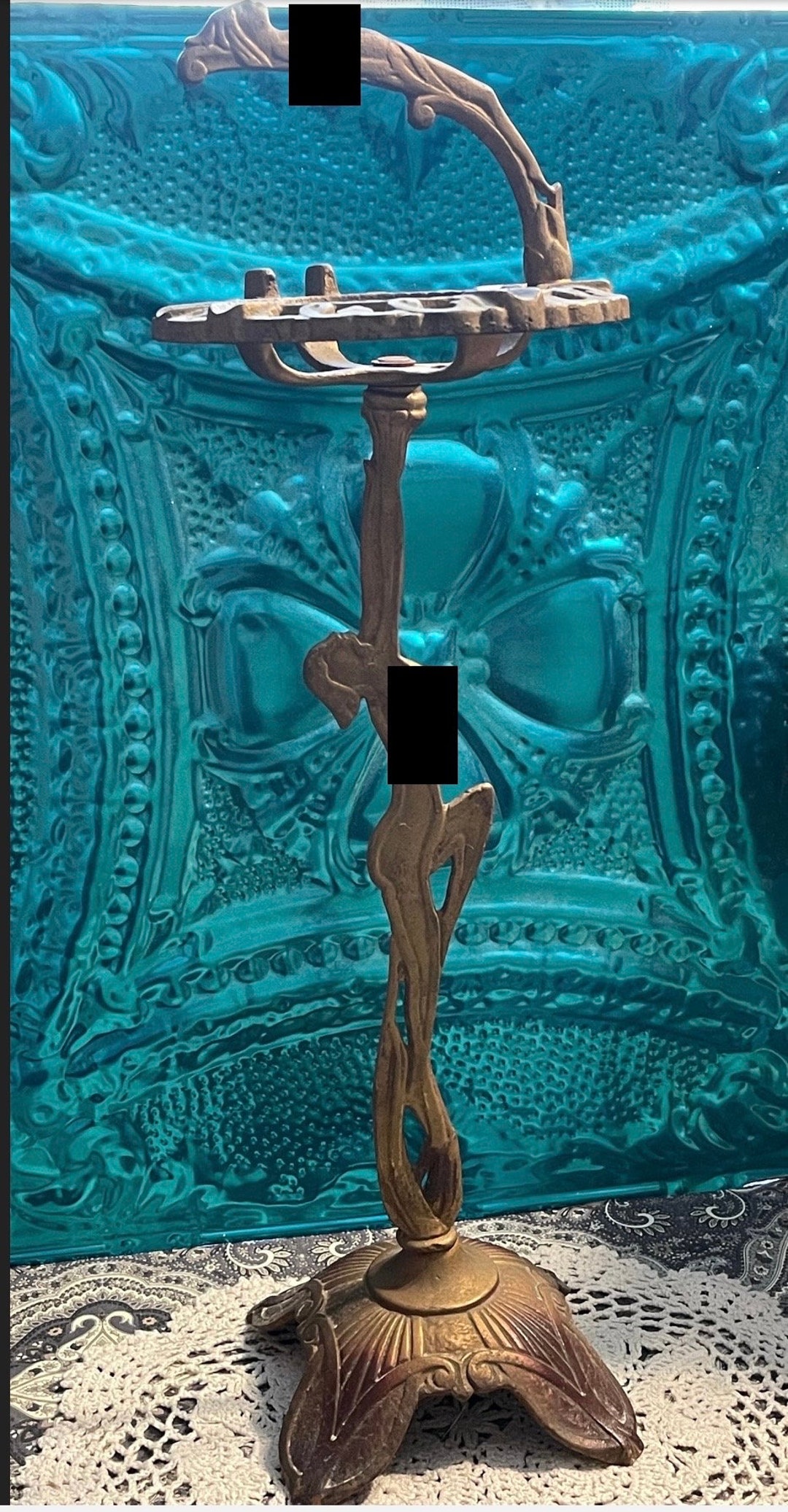 Antique Art Deco Lady Dancer Figural Cast Iron Ashtray Stand Aged