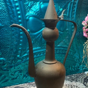 Vintage tall aged tarnished brass ewer- vessel- pitcher - - altar decor- aged