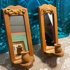 Vintage rustic charming mirrored wood wall sconce candle holders set of 2  - aged