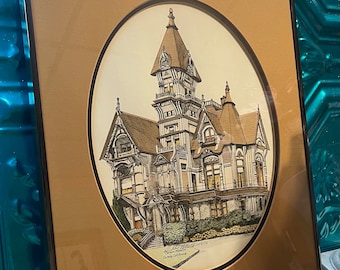 Vintage signed matted framed print of Victorian house - California