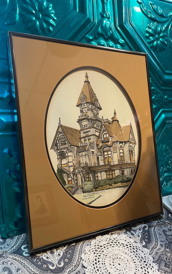 Vintage signed matted framed print of Victorian house - California