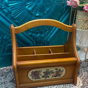 Vintage wooden caddy napkin holder- utensil holder- with fruit themed details- aged