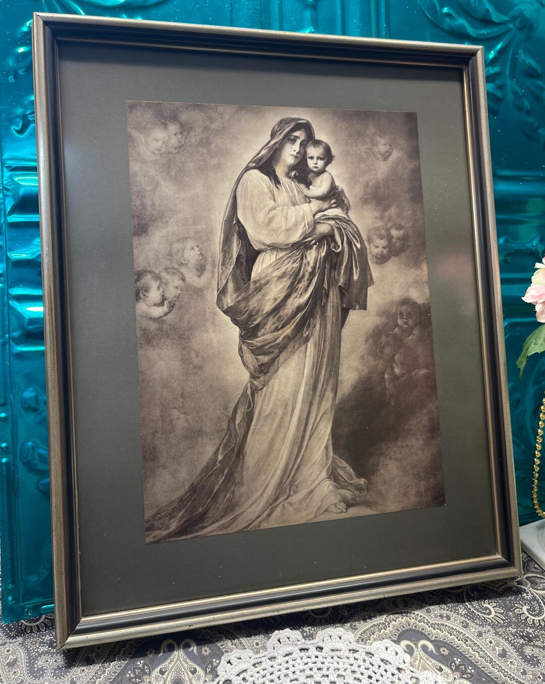 Vintage Large Madonna and Child With Cherubs Print in Aged Wood Frame ...