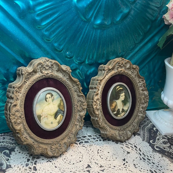 Vintage Victorian style Cameo picture with convex glass on velvet in ornate resin frame- set of 2- aged